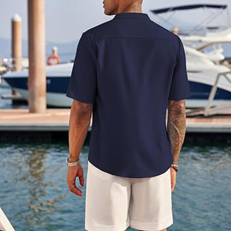 Men's Casual Henley Shirt Short Sleeve Band Collar Linen Shirt Summer Beach Hippie T-Shirts