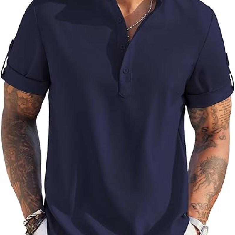 Men's Casual Henley Shirt Short Sleeve Band Collar Linen Shirt Summer Beach Hippie T-Shirts