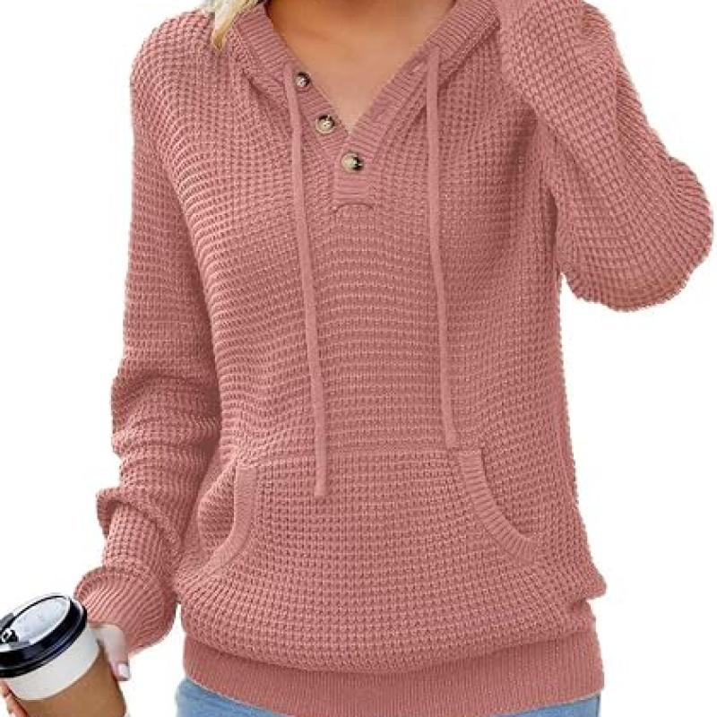 Fall Womens Oversized Hoodies Knit V Neck Sweaters Fashion Casual Pullover Tops