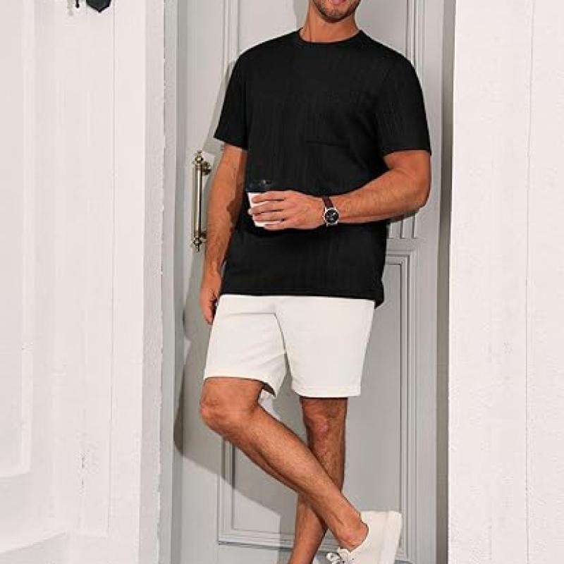 Mens Short Sleeve T-Shirts Casual Knit Texture Crewneck Pocket Tee Tops Loose Fit Summer Shirt