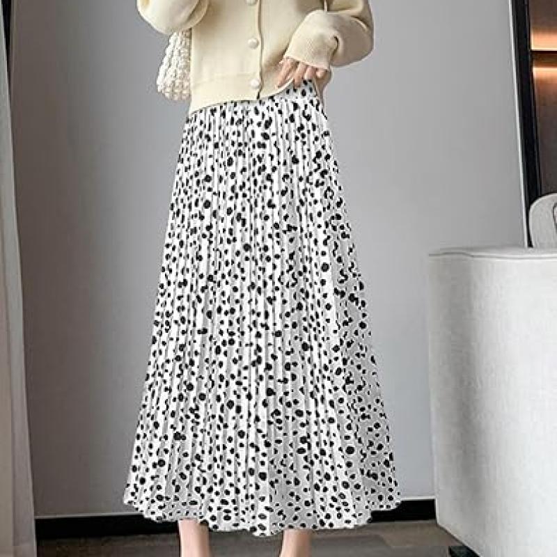 Womens Skirt Leopard Print Midi Long Shirring Pleated Skirts High Waisted A Line Skirts