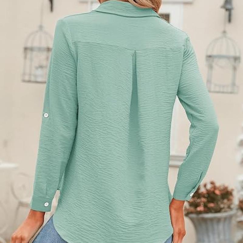 Womens Button Down Shirts V Neck Rolled Up Long Sleeve Tops Elegant Dressy Blouses Business Casual Outfits