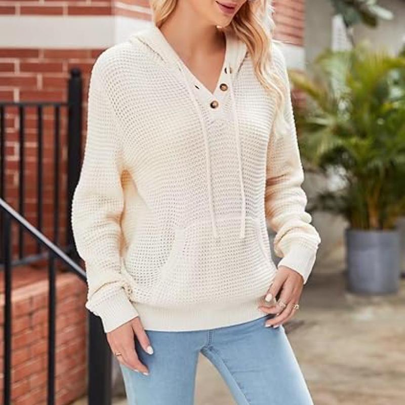 Fall Womens Oversized Hoodies Knit V Neck Sweaters Fashion Casual Pullover Tops