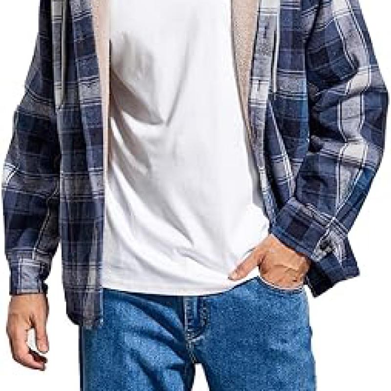 Men's Cotton Plaid Shirts Jacket Fleece Lined Flannel Shirts Sherpa Button Down Jackets with Hood for Men