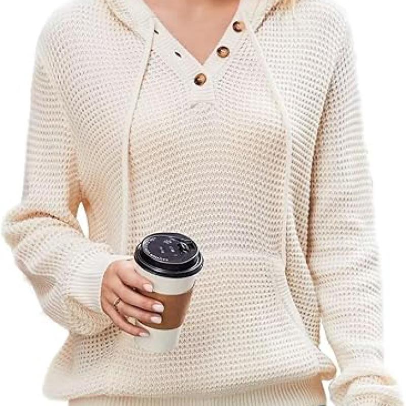 Fall Womens Oversized Hoodies Knit V Neck Sweaters Fashion Casual Pullover Tops