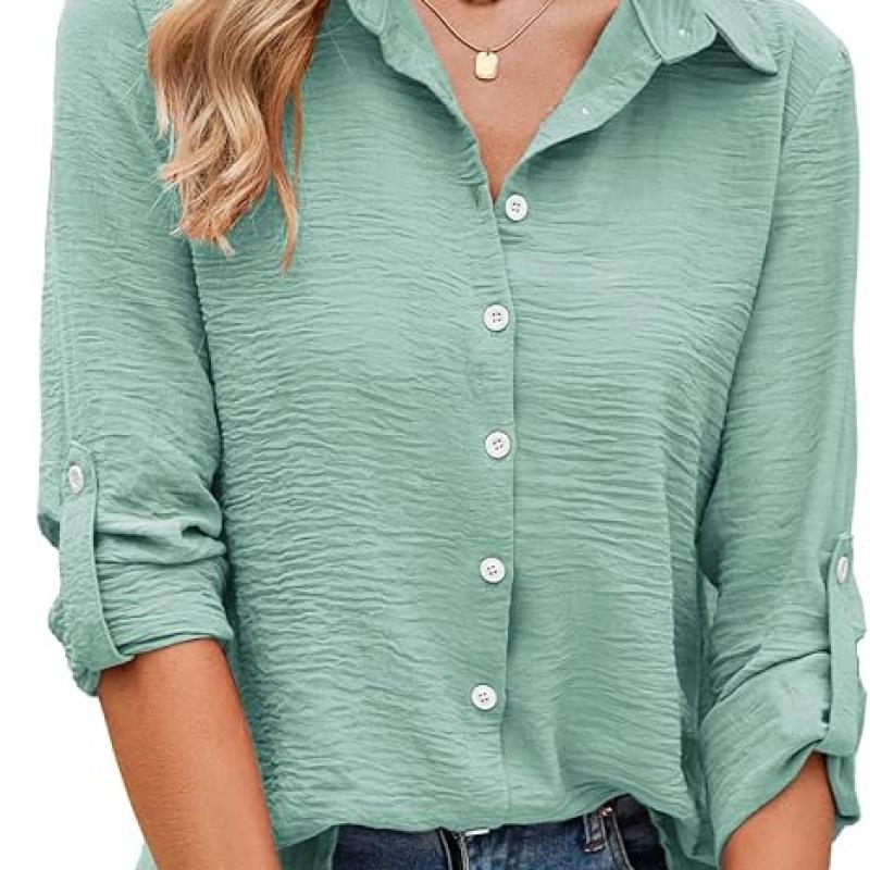 Womens Button Down Shirts V Neck Rolled Up Long Sleeve Tops Elegant Dressy Blouses Business Casual Outfits