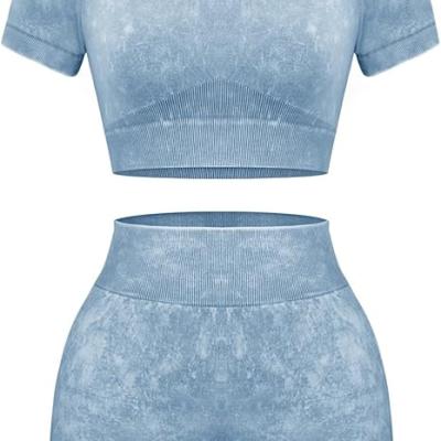 Womens Workout Sets 2 Piece - Seamless Acid Wash Yoga Outfits Shorts and Crop Top Matching Gym Athletic Clothing Set