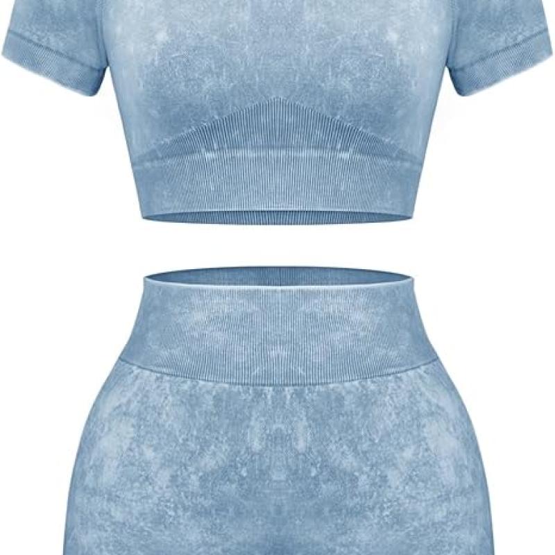 Womens Workout Sets 2 Piece - Seamless Acid Wash Yoga Outfits Shorts and Crop Top Matching Gym Athletic Clothing Set