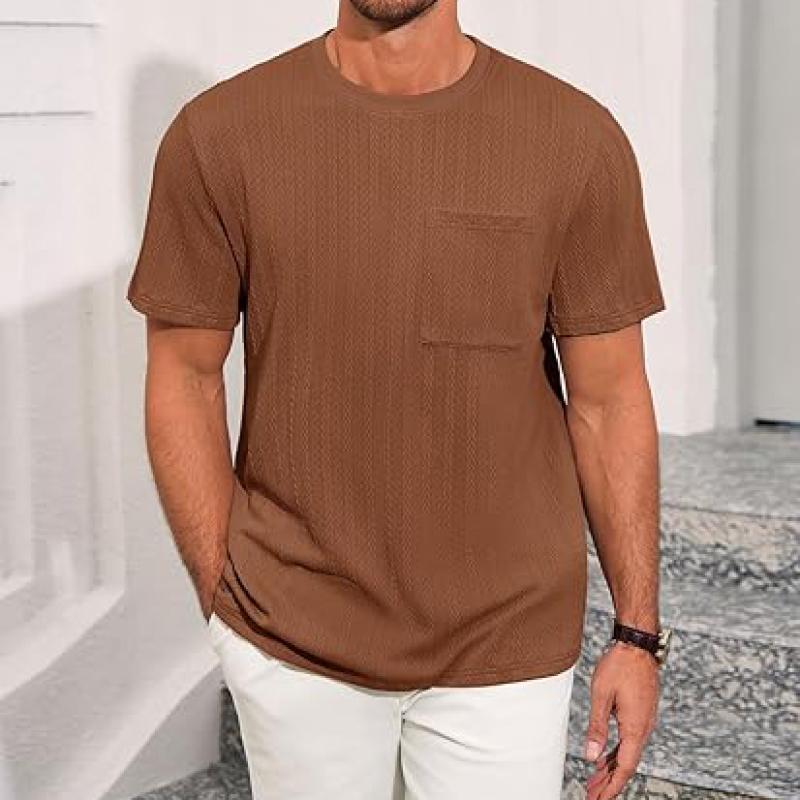 Mens Short Sleeve T-Shirts Casual Knit Texture Crewneck Pocket Tee Tops Loose Fit Summer Shirt
