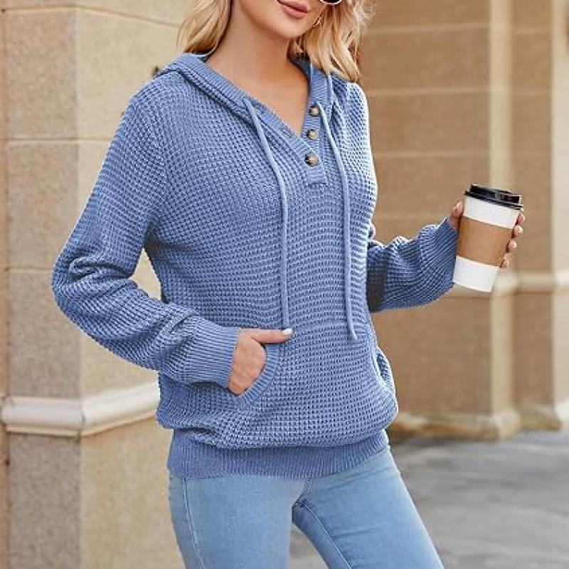 Fall Womens Oversized Hoodies Knit V Neck Sweaters Fashion Casual Pullover Tops
