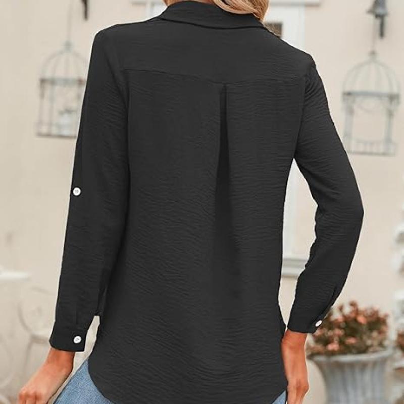 Womens Button Down Shirts V Neck Rolled Up Long Sleeve Tops Elegant Dressy Blouses Business Casual Outfits