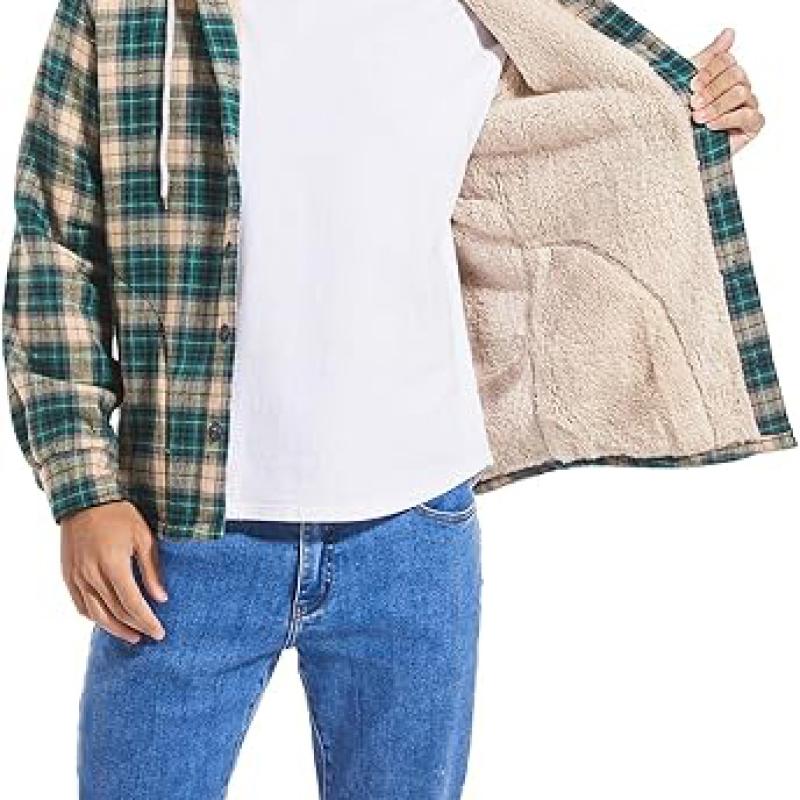 Men's Cotton Plaid Shirts Jacket Fleece Lined Flannel Shirts Sherpa Button Down Jackets with Hood for Men