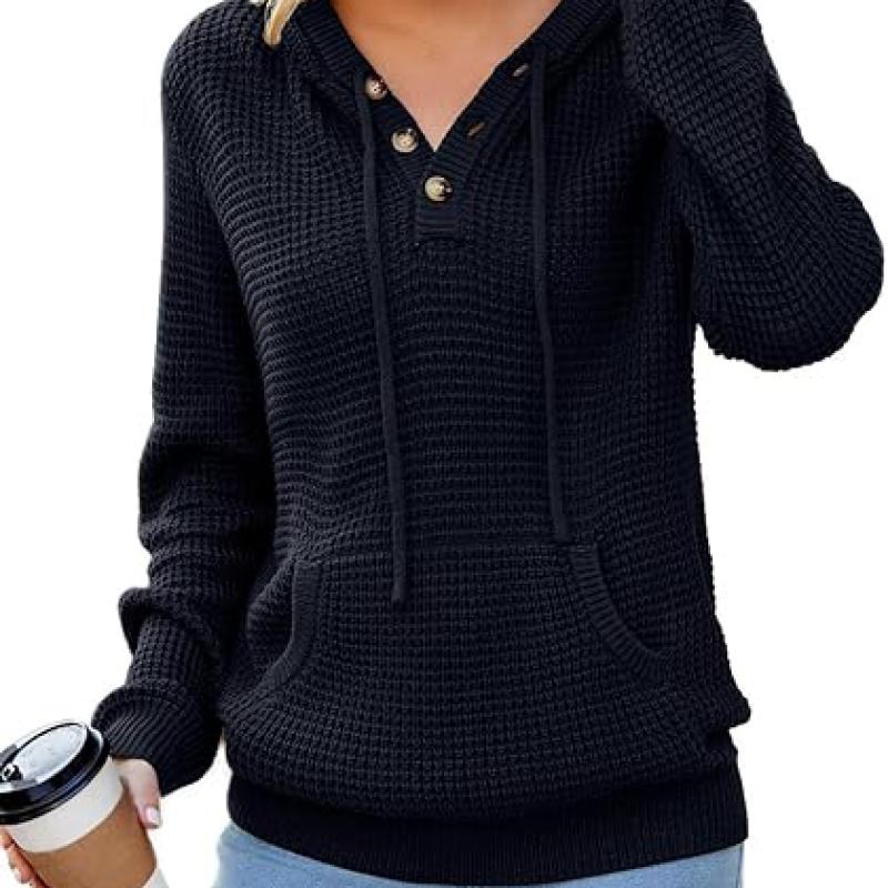 Fall Womens Oversized Hoodies Knit V Neck Sweaters Fashion Casual Pullover Tops