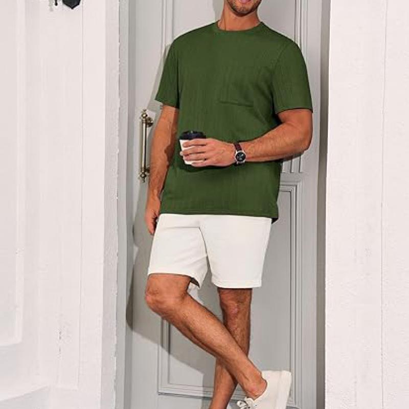 Mens Short Sleeve T-Shirts Casual Knit Texture Crewneck Pocket Tee Tops Loose Fit Summer Shirt