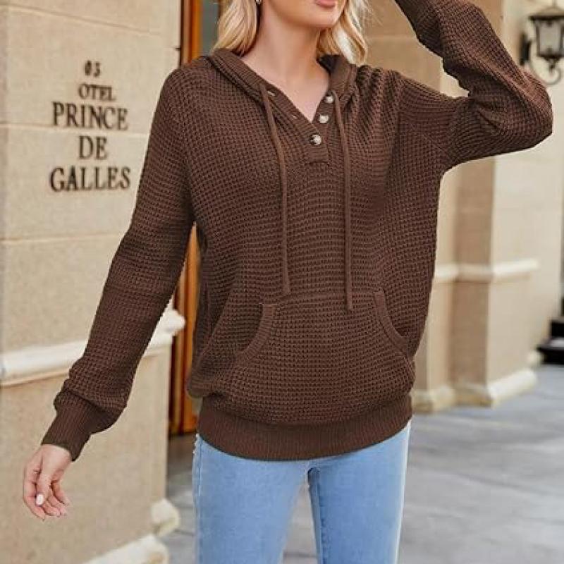 Fall Womens Oversized Hoodies Knit V Neck Sweaters Fashion Casual Pullover Tops