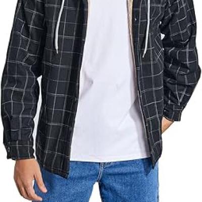 Men's Cotton Plaid Shirts Jacket Fleece Lined Flannel Shirts Sherpa Button Down Jackets with Hood for Men