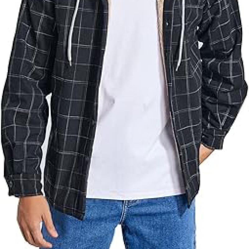 Men's Cotton Plaid Shirts Jacket Fleece Lined Flannel Shirts Sherpa Button Down Jackets with Hood for Men