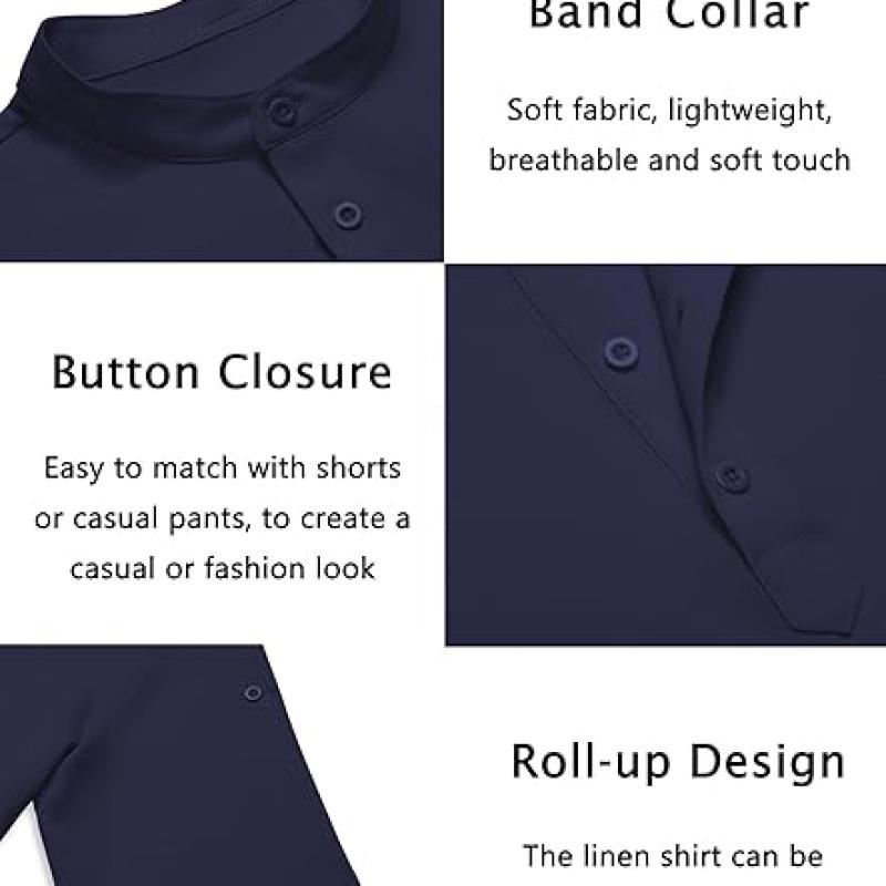 Men's Casual Henley Shirt Short Sleeve Band Collar Linen Shirt Summer Beach Hippie T-Shirts