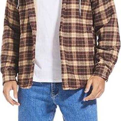 Men's Cotton Plaid Shirts Jacket Fleece Lined Flannel Shirts Sherpa Button Down Jackets with Hood for Men