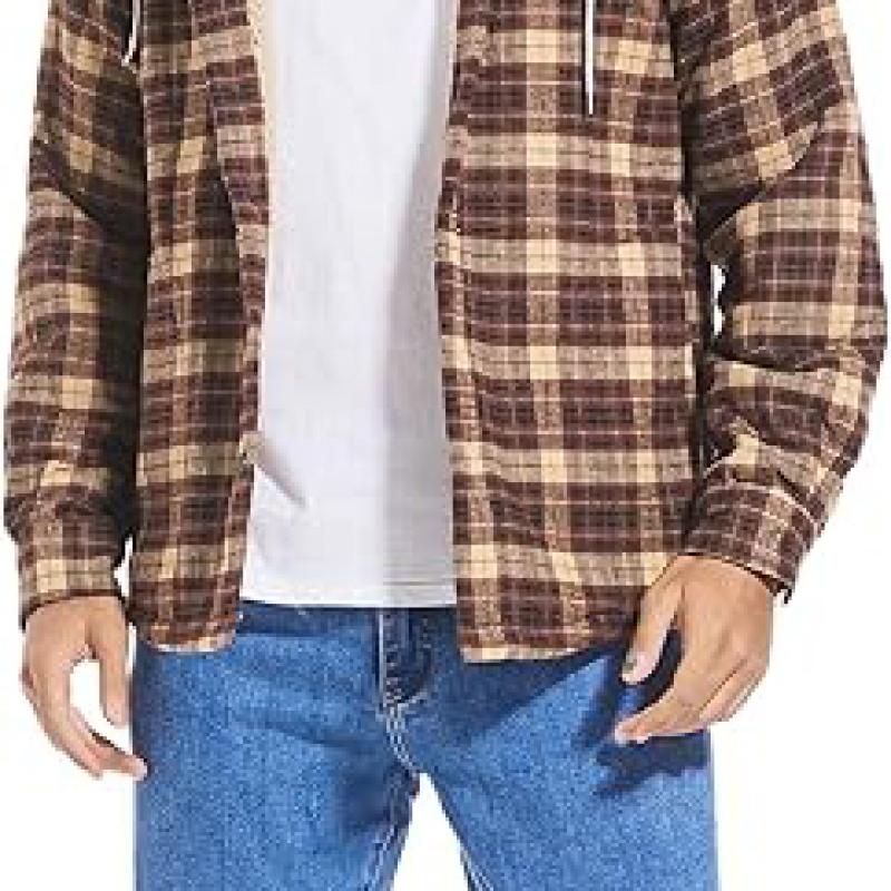Men's Cotton Plaid Shirts Jacket Fleece Lined Flannel Shirts Sherpa Button Down Jackets with Hood for Men