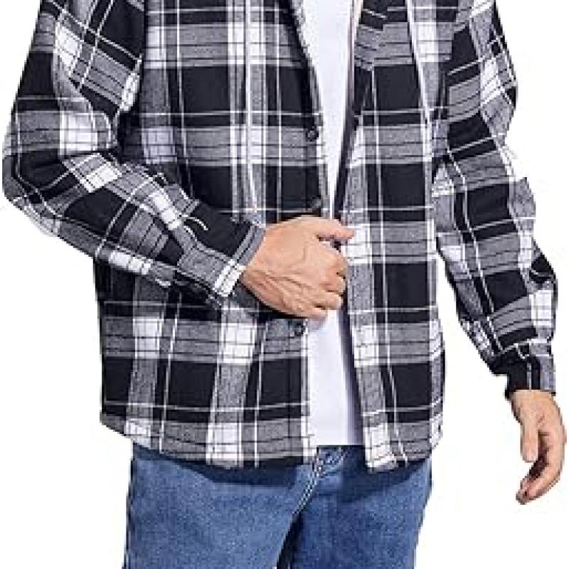 Men's Cotton Plaid Shirts Jacket Fleece Lined Flannel Shirts Sherpa Button Down Jackets with Hood for Men