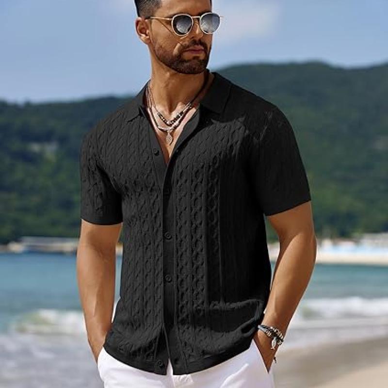 Men's Knit Short Sleeve Shirts Button Down Vintage Knitted Polo Shirt Casual Beach Crochet Cable Vacation Shirt