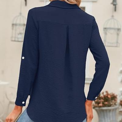 Womens Button Down Shirts V Neck Rolled Up Long Sleeve Tops Elegant Dressy Blouses Business Casual Outfits