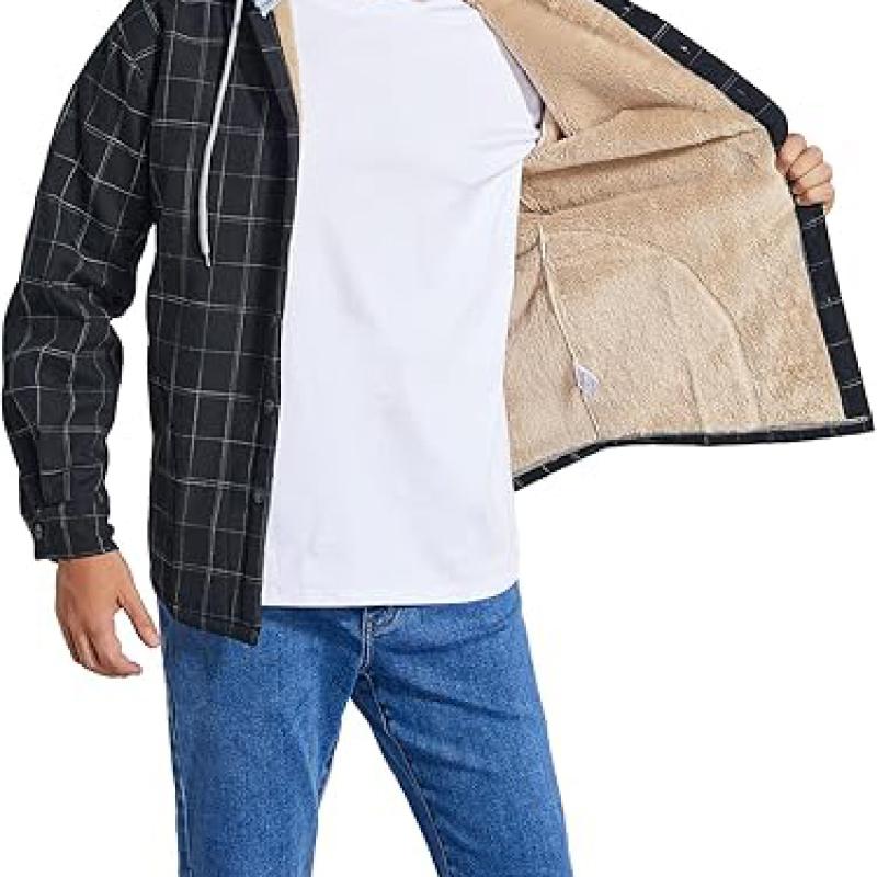 Men's Cotton Plaid Shirts Jacket Fleece Lined Flannel Shirts Sherpa Button Down Jackets with Hood for Men