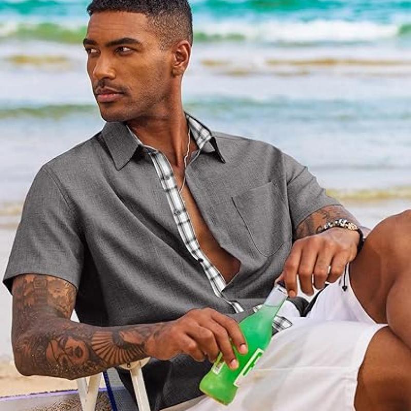 Men's Button Down Shirts Short Sleeve Casual Shirts Summer Beach Shirts Vacation Wedding Shirts with Pocket