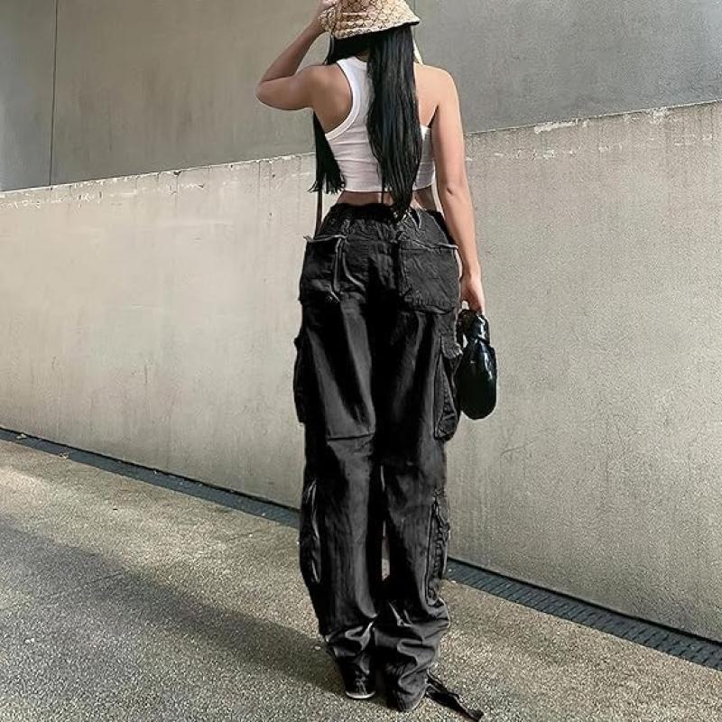 Women's High Rise Straight Leg Y2K Streetwear Cargo Pants Baggy Boyfriend Pants with Pocket