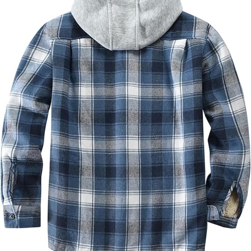 Men's Cotton Plaid Shirts Jacket Fleece Lined Flannel Shirts Sherpa Button Down Jackets with Hood for Men