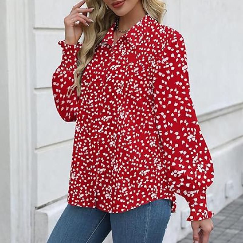 Womens Button Down Shirts Smocked Cuffed Blouse Printed Lantern Shirt Long Sleeve Top Collar Business Fashion