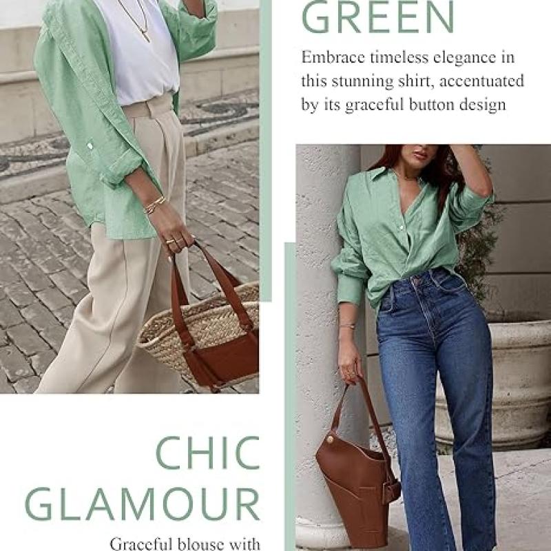 Womens Button Down Shirts V Neck Rolled Up Long Sleeve Tops Elegant Dressy Blouses Business Casual Outfits
