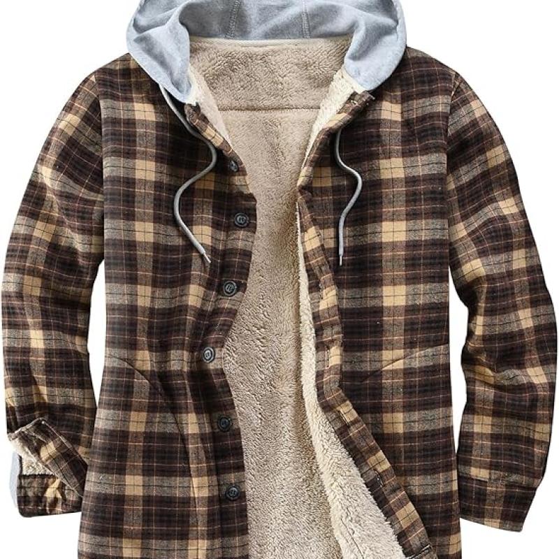 Men's Cotton Plaid Shirts Jacket Fleece Lined Flannel Shirts Sherpa Button Down Jackets with Hood for Men