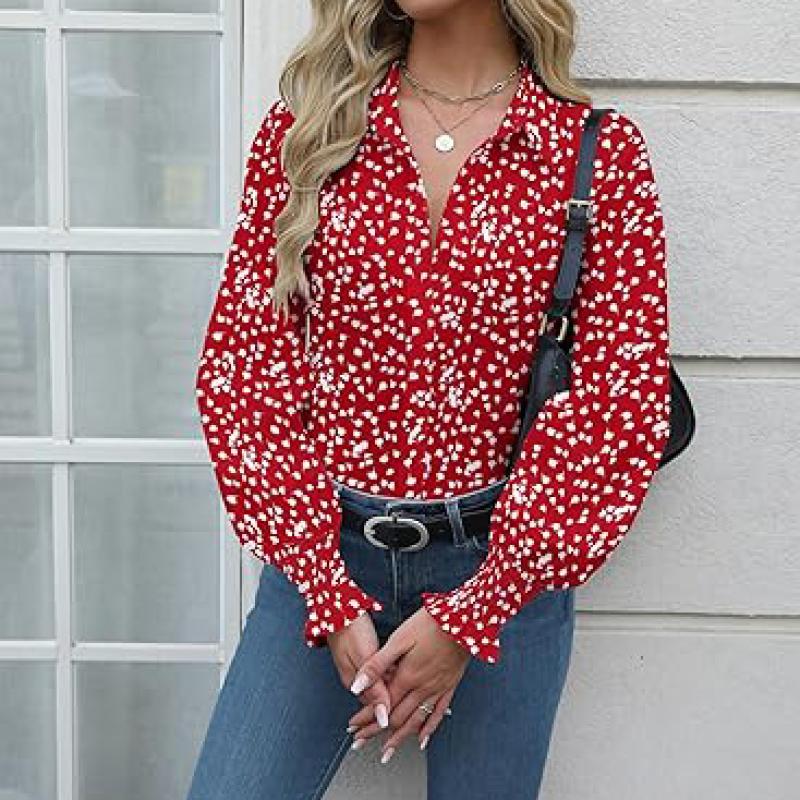 Womens Button Down Shirts Smocked Cuffed Blouse Printed Lantern Shirt Long Sleeve Top Collar Business Fashion