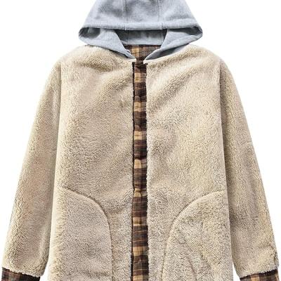 Men's Cotton Plaid Shirts Jacket Fleece Lined Flannel Shirts Sherpa Button Down Jackets with Hood for Men