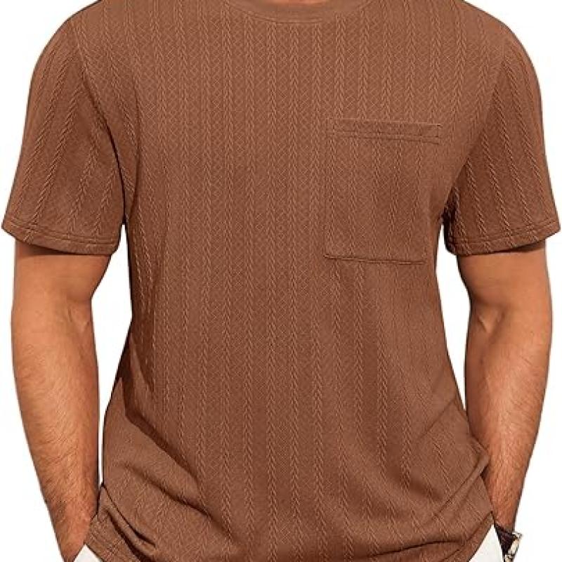 Mens Short Sleeve T-Shirts Casual Knit Texture Crewneck Pocket Tee Tops Loose Fit Summer Shirt