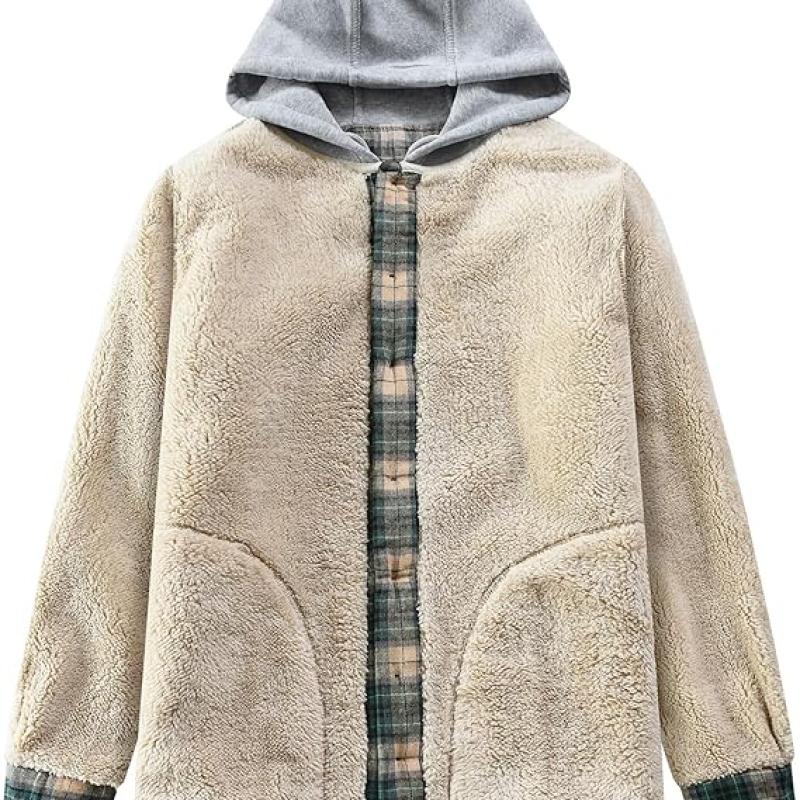 Men's Cotton Plaid Shirts Jacket Fleece Lined Flannel Shirts Sherpa Button Down Jackets with Hood for Men