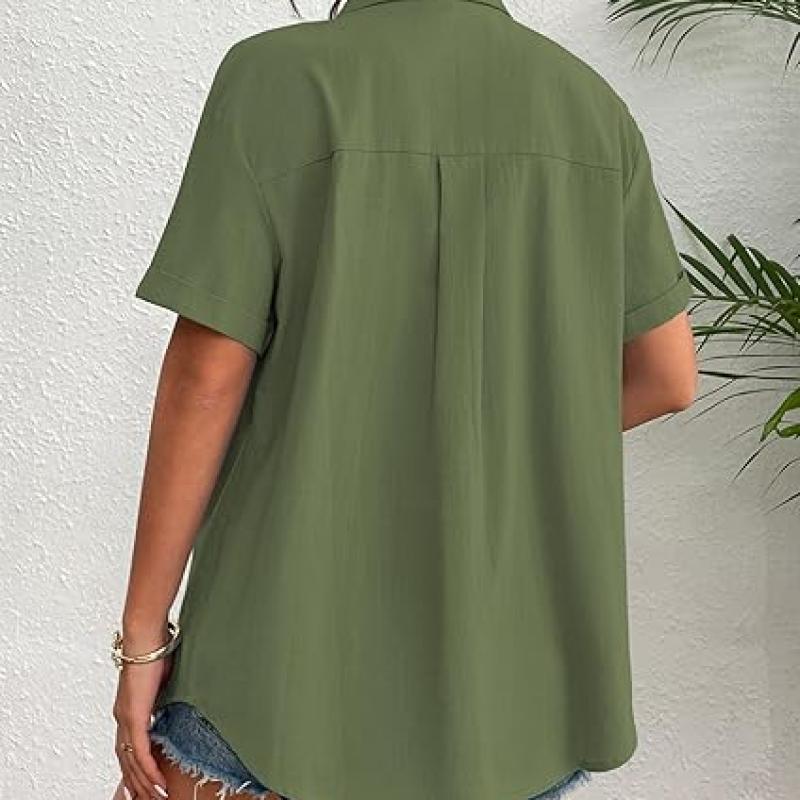 Womens Button Down Linen Shirt Short Sleeve Cotton Blouse Summer Casual Loose Fit Beach Tops