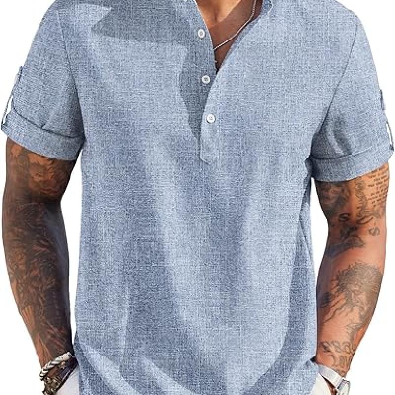 Men's Casual Henley Shirt Short Sleeve Band Collar Linen Shirt Summer Beach Hippie T-Shirts