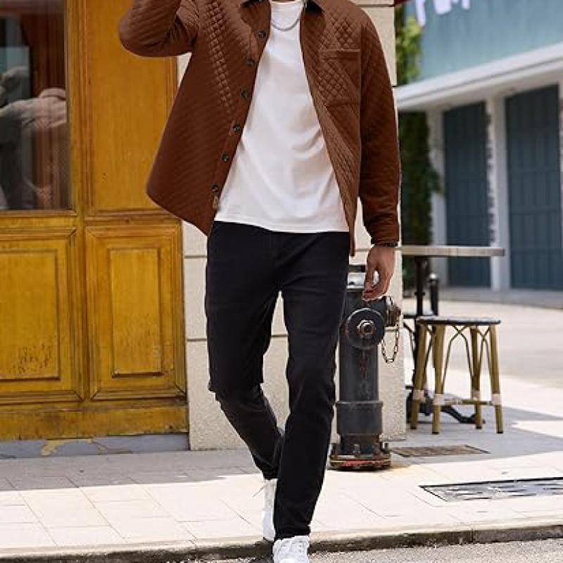 Mens Shacket Long Sleeve Shirt Jacket with Pockets Lightweight Quilted Overshirt