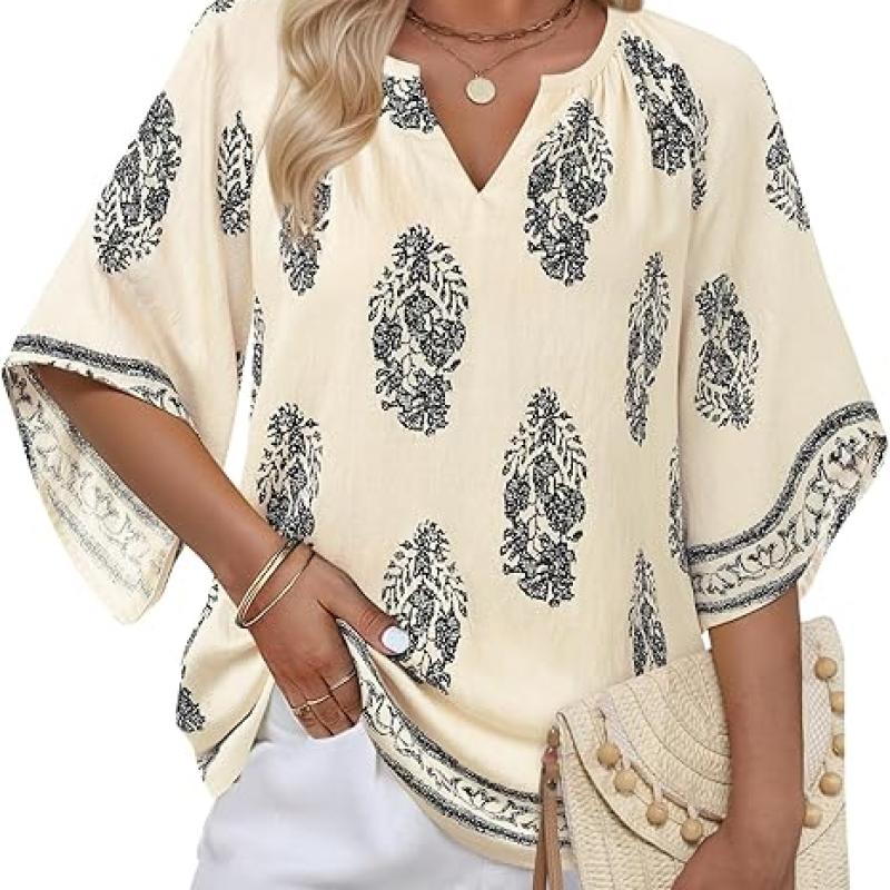 Womens 3/4 Sleeve V Neck Bohemian Peasant Blouses Casual Loose Fit Tunic Tops