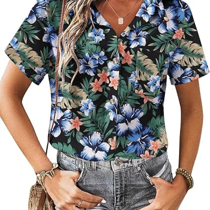 Womens Button Down Linen Shirt Short Sleeve Cotton Blouse Summer Casual Loose Fit Beach Tops