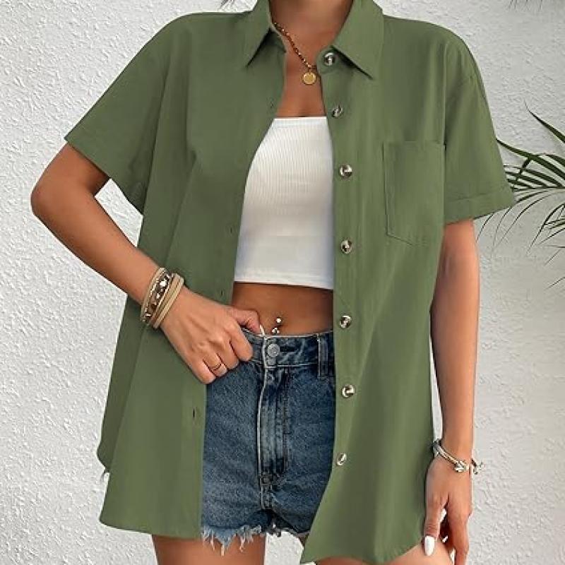 Womens Button Down Linen Shirt Short Sleeve Cotton Blouse Summer Casual Loose Fit Beach Tops