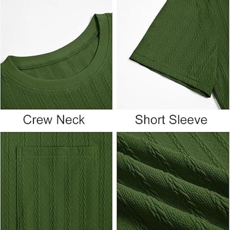 Mens Short Sleeve T-Shirts Casual Knit Texture Crewneck Pocket Tee Tops Loose Fit Summer Shirt