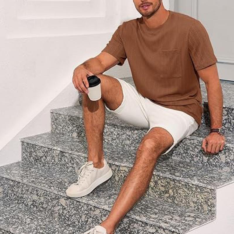 Mens Short Sleeve T-Shirts Casual Knit Texture Crewneck Pocket Tee Tops Loose Fit Summer Shirt