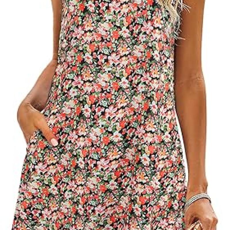 Summer Dresses for Women Beach Floral Tshirt Sundress Casual Pockets Boho Tank Dress