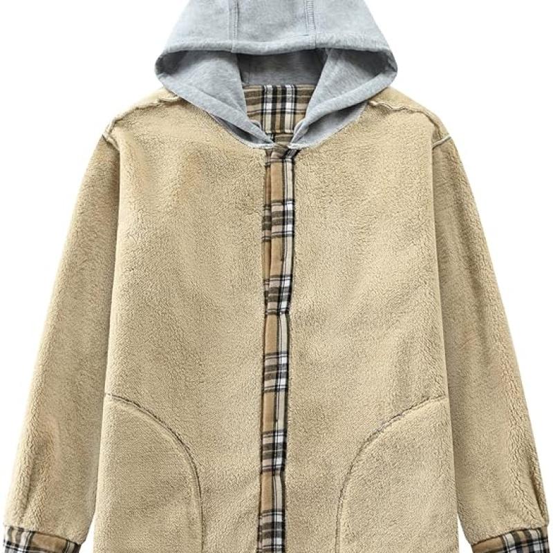 Men's Cotton Plaid Shirts Jacket Fleece Lined Flannel Shirts Sherpa Button Down Jackets with Hood for Men