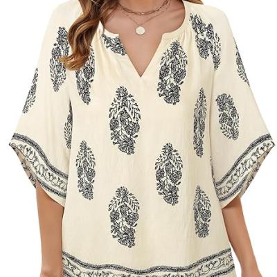 Womens 3/4 Sleeve V Neck Bohemian Peasant Blouses Casual Loose Fit Tunic Tops