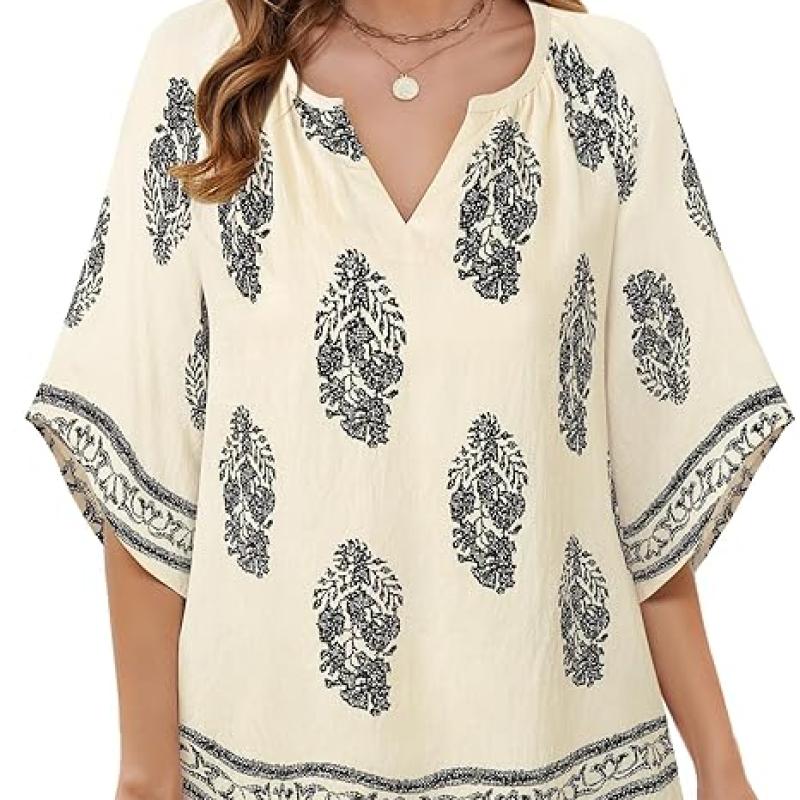 Womens 3/4 Sleeve V Neck Bohemian Peasant Blouses Casual Loose Fit Tunic Tops